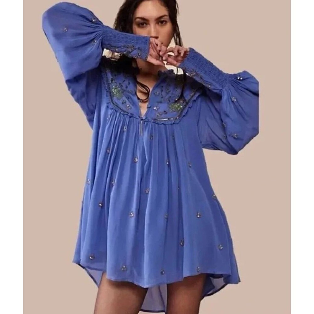 Free People Dress Bali Golden Sun Blue Boho Sz M